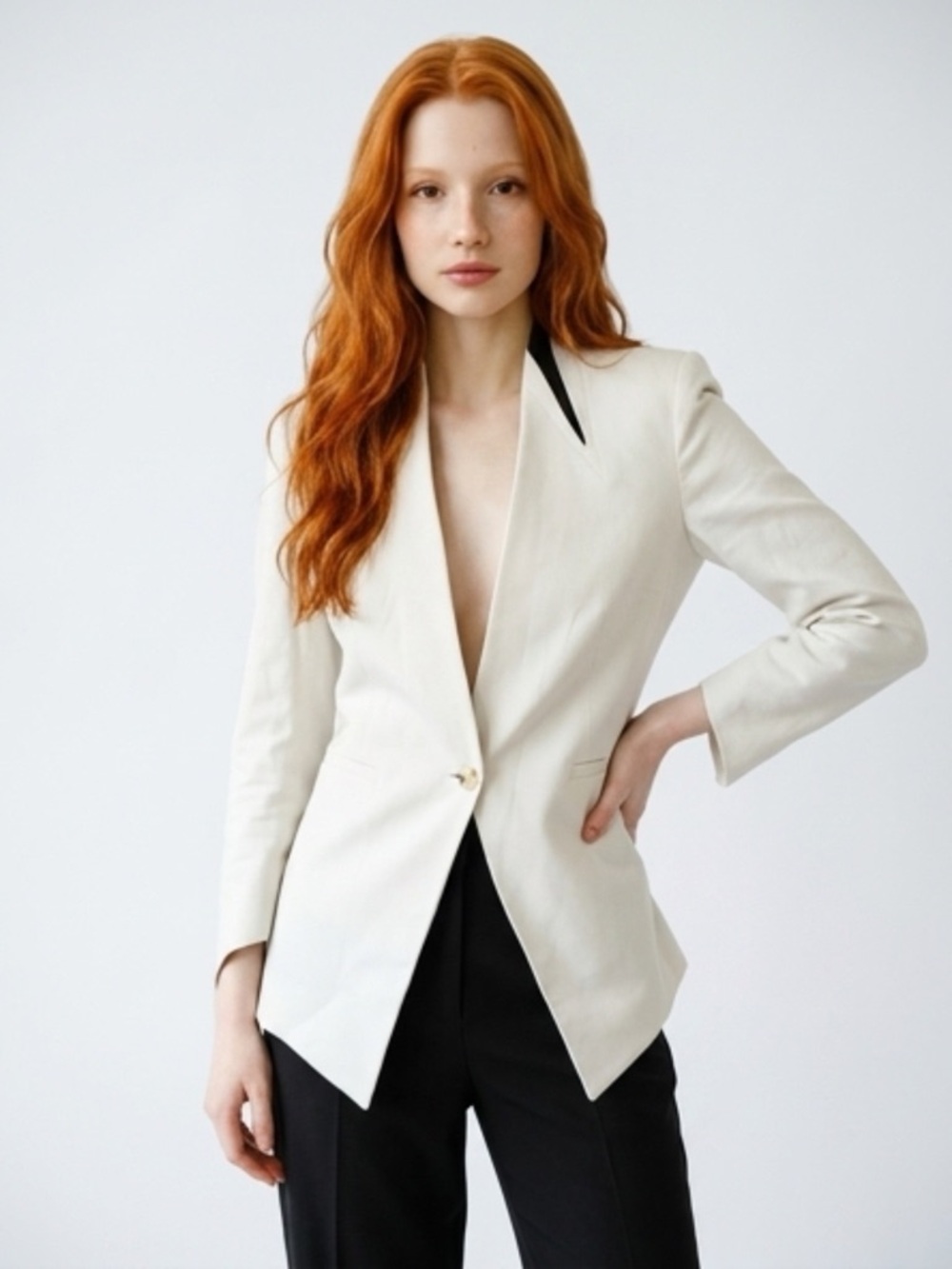 Helmut Lang Cotton/Linen Blazer Leather Trim, Cropped Sleeves, 0, like new
